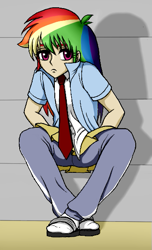 Size: 355x583 | Tagged: safe, artist:asdf314159265, rainbow dash, clothes, female, humanized, multicolored hair, solo