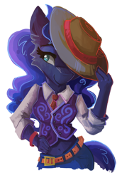 Size: 900x1310 | Tagged: safe, artist:saxopi, princess luna, alicorn, anthro, belly button, cowboy hat, hat, solo