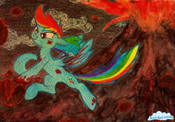 Size: 897x623 | Tagged: safe, artist:sonicrainboomz, rainbow dash, pegasus, pony, epic, solo, traditional art, volcano