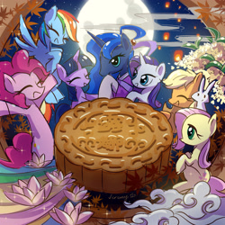 Size: 4000x4000 | Tagged: safe, artist:jeremywithlove, angel bunny, applejack, fluttershy, pinkie pie, princess luna, rainbow dash, rarity, twilight sparkle, alicorn, earth pony, pegasus, pony, rabbit, unicorn, absurd resolution, cute, eyes closed, female, food, full moon, lunabetes, male, mane six, mare, mid-autumn festival, missing accessory, moon, mooncake, night, smiling