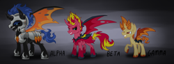 Size: 1477x541 | Tagged: safe, artist:wolframclaws, flash sentry, snails, sunset satan, sunset shimmer, alicorn, bat pony, bat pony alicorn, demon, pony, corrupted, equestria girls ponified, ponified, prince flash sentry, snailsicorn