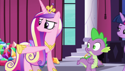 Size: 1280x720 | Tagged: safe, screencap, princess cadance, spike, twilight sparkle, twilight sparkle (alicorn), alicorn, dragon, pony, princess spike (episode), canterlot, crown, female, gem, jewelry, male, mare, pointing, regalia