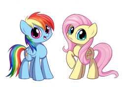 Size: 1200x846 | Tagged: safe, artist:andrewc691, fluttershy, rainbow dash, pegasus, pony, blue coat, female, mare, multicolored mane, pink mane, wings, yellow coat