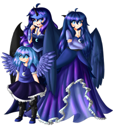 Size: 1580x1765 | Tagged: safe, artist:hiyori-yamada, nightmare moon, princess luna, human, clothes, dress, female, filly, humanized, lunar trinity, self paradox, simple background, transparent background, woona, younger