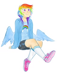 Size: 1133x1502 | Tagged: safe, artist:prodigymysoul, rainbow dash, human, female, humanized, sitting, solo, winged humanization, wings