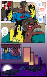 Size: 2369x3830 | Tagged: safe, artist:takaneko13, princess luna, oc, oc:cyser, oc:dusk, oc:zedwin, alicorn, earth pony, pony, comic:sleep over, bed, clothes, comic, cywin, dialogue, female, food, hotel, hotel room, male, mare, moon, night, popcorn, sleeping, sofa, stallion, waiter