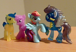 Size: 520x357 | Tagged: safe, artist:solrac31337, comet tail, rainbow dash, soarin', twilight sparkle, blind bag, cometlight, female, irl, male, photo, shipping, soarindash, straight, toy