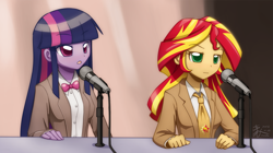 Size: 1431x800 | Tagged: safe, artist:howxu, sunset shimmer, twilight sparkle, equestria girls, microphone