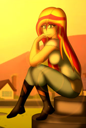 Size: 2100x3100 | Tagged: safe, artist:tyron91, sunset shimmer, equestria girls, boots, breasts, female, lens flare, looking at you, sideboob, sitting, solo, sunset, sunset jiggler