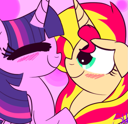 Size: 515x500 | Tagged: safe, artist:sapphireuniverse, sunset shimmer, twilight sparkle, twilight sparkle (alicorn), alicorn, pony, blushing, female, lesbian, mare, shipping, sunsetsparkle