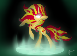 Size: 2336x1702 | Tagged: safe, artist:ebenou, sunset shimmer, pony, unicorn, glowing eyes, magic, magic circle, rearing, runes, solo, symbol