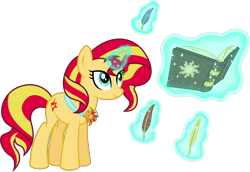 Size: 5801x4000 | Tagged: safe, artist:8-notes, sunset shimmer, pony, unicorn, equestria girls, absurd resolution, amulet, book, feather, horn, journal, levitation, magic, necklace, ponyscape, simple background, solo, telekinesis, transparent background, vector, writing