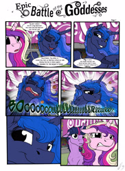 Size: 2550x3506 | Tagged: safe, artist:lupiarts, artist:snoopystallion, princess cadance, princess luna, twilight sparkle, twilight sparkle (alicorn), alicorn, pony, collaboration, comic:epic battle of the goddesses, burp, burping contest, comic, competition, expressions, female, floppy ears, funny, laughing, majestic as fuck, mare, wavy mouth, ye olde butcherede englishe