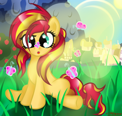 Size: 950x900 | Tagged: safe, artist:sunsetcrady, sunset shimmer, butterfly, pony, unicorn, equestria girls, cute, field, open mouth, ponyville, shimmerbetes, signature, sitting, solo