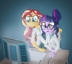 Size: 847x757 | Tagged: safe, artist:supersheep64, sci-twi, sunset shimmer, twilight sparkle, equestria girls, clothes, computer, fanfic art, fanfic cover, lab coat