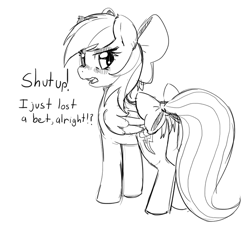 Size: 750x684 | Tagged: safe, artist:mewball, rainbow dash, pegasus, pony, blushing, bow, cute, dashabetes, embarrassed, looking back, monochrome, open mouth, rainbow dash always dresses in style, solo, tail bow, tsundere