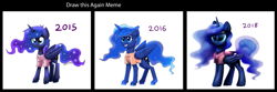 Size: 1893x631 | Tagged: safe, artist:confetticakez, princess luna, alicorn, pony, blame my sister, clothes, comparison, draw this again, drawing meme, folded wings, redraw, solo