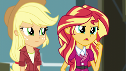 Size: 1280x720 | Tagged: safe, screencap, applejack, sunset shimmer, equestria girls, friendship games, clothes, dress