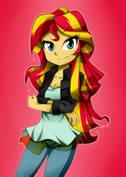 Size: 1000x1400 | Tagged: safe, artist:nekojackun, sunset shimmer, human, equestria girls, clothes, crossed arms, cute, female, leather jacket, looking at you, pants, red background, shimmerbetes, simple background, solo