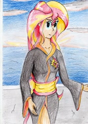 Size: 2472x3456 | Tagged: safe, artist:40kponyguy, derpibooru exclusive, sunset shimmer, equestria girls, clothes, cutie mark on clothes, kimono (clothing), looking at you, solo, traditional art