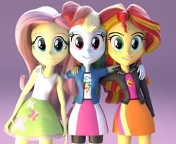 Size: 1544x1259 | Tagged: safe, artist:borickrut, artist:creatorofpony, fluttershy, rainbow dash, sunset shimmer, equestria girls, /mlp/, 3d, 3d model, blender, clothes, cute, dashabetes, group, leather jacket, looking at you, shimmerbetes, shyabetes, skirt, tanktop