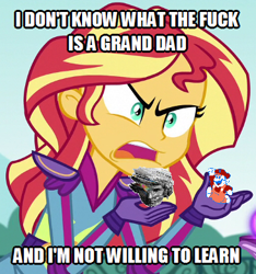 Size: 365x390 | Tagged: safe, edit, edited screencap, screencap, sunset shimmer, equestria girls, friendship games, caption, exploitable meme, fortran, gilvasunner, grand dad, image macro, joel, meme, siivagunner, sunset is not willing to learn, vinesauce, vulgar