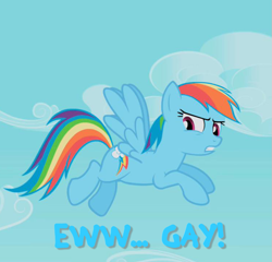 Size: 749x718 | Tagged: safe, rainbow dash, pegasus, pony, blue coat, female, image macro, mare, multicolored mane, solo, vulgar