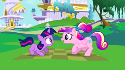 Size: 1280x720 | Tagged: safe, screencap, princess cadance, twilight sparkle, unicorn twilight, alicorn, pony, unicorn, a canterlot wedding, crouching, duo, female, filly, filly twilight sparkle, looking at each other, open mouth, sunshine sunshine, teen princess cadance, teenager, younger