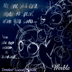 Size: 640x640 | Tagged: safe, artist:darkest-lunar-flower, nightmare moon, princess luna, alicorn, pony, description is relevant, fangs, female, inner demons, mare, stars, teary eyes, text