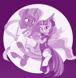 Size: 1280x1317 | Tagged: safe, artist:dstears, princess luna, twilight sparkle, twilight sparkle (alicorn), alicorn, pony, cheongsam, clothes, dress, female, festival, flower, flower in hair, food, hanfu, licking, licking lips, mare, mid-autumn festival, monochrome, moon, mooncake, robe, tongue out, traditional dress