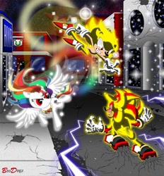 Size: 835x898 | Tagged: safe, artist:brodogz, rainbow dash, pegasus, pony, a new dawn, city, commission, crossover, fanfic art, fight, shadow the hedgehog, sonic the comic, sonic the hedgehog, sonic the hedgehog (series), super rainbow dash, super shadow, super sonic