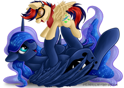 Size: 1600x1131 | Tagged: safe, artist:julunis14, princess luna, oc, oc:zephyr leaf, alicorn, pegasus, pony, colt, commission, cute, digital art, duo, female, flapping, goggles, happy, looking at each other, lunabetes, male, mare, ocbetes, open mouth, signature, simple background, smiling, transparent background, ych result