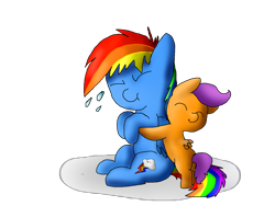 Size: 1600x1200 | Tagged: safe, artist:eeveechuvoli, rainbow dash, scootaloo, pegasus, pony, baby, baby pony, filly, foal, hug