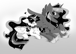 Size: 1280x911 | Tagged: safe, artist:hioshiru, princess luna, twilight sparkle, twilight sparkle (alicorn), alicorn, pony, constellation, cute, eyes closed, female, grayscale, grooming, heart, hnnng, lesbian, manga, monochrome, preening, shipping, simple background, twiluna, white background