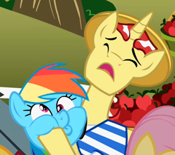 Size: 432x384 | Tagged: safe, screencap, flim, rainbow dash, pegasus, pony, unicorn, the super speedy cider squeezy 6000, faic, female, mare, out of context