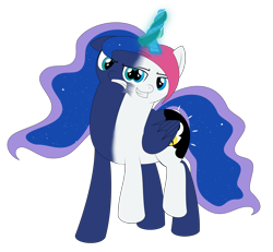 Size: 3000x2772 | Tagged: safe, artist:mlpconjoinment, princess luna, oc, oc:vocal love, alicorn, pony, unicorn, angry, body horror, conjoined, conjoined by horn, dem feels, multiple heads, plot, simple background, size difference, this will end in jail time, this will end in pain, transparent background, two heads, wat