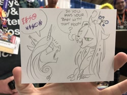 Size: 2048x1536 | Tagged: safe, artist:andypriceart, princess cadance, queen chrysalis, alicorn, changeling, changeling queen, pony, andy you magnificent bastard, censored vulgarity, female, grawlixes, mare, monochrome, pencil drawing, smug, smug bug, traditional art