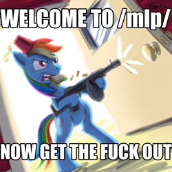 Size: 960x960 | Tagged: safe, rainbow dash, pegasus, pony, /mlp/, 4chan, fez, gtfo, hat, image macro, sandwich, tommy gun, vulgar