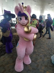 Size: 1536x2048 | Tagged: safe, photographer:weedhorselmao, mare do well, princess cadance, tree hugger, human, bronycon, bronycon 2019, fursuit, irl, irl human, photo, plushie