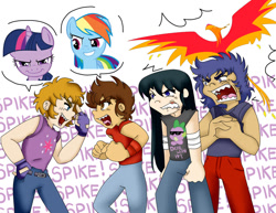 Size: 900x695 | Tagged: safe, philomena, rainbow dash, spike, twilight sparkle, human, phoenix, dragon shiryu, pegasus seiya, phoenix ikki, saint seiya, unicorn jabu