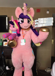 Size: 1831x2534 | Tagged: safe, artist:qtpony, princess cadance, human, bronycon, bronycon 2019, clothes, costume, food, fursuit, irl, irl human, peetzer, photo, pizza, pizza box, pizza delivery, plushie, ponysuit, socks, sticky hooves, striped socks, that pony sure does love pizza