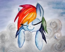 Size: 2545x2058 | Tagged: safe, artist:twistedmindbrony, rainbow dash, pegasus, pony, cloud, cloudy, sleeping, solo, traditional art