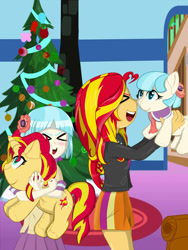 Size: 1024x1365 | Tagged: safe, artist:thespiritshift, coco pommel, sunset shimmer, pony, equestria girls, ><, christmas tree, cocobetes, cute, doll, emoticon face, equestria girls-ified, eyes closed, plushie, pony dolls, shimmerbetes, toy, tree, xd