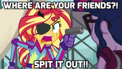 Size: 1280x720 | Tagged: safe, edit, edited screencap, editor:paragonaj, screencap, sci-twi, sunset shimmer, twilight sparkle, equestria girls, angry, exploitable meme, eyepatch, gun, handgun, image macro, meme, metal gear, metal gear solid, metal gear solid 5, pistol, reference, scar, shrapnel, sunset yells at twilight, text, threat, threatening, venom snake, weapon