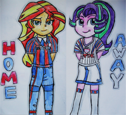 Size: 1455x1335 | Tagged: safe, artist:blazingdazzlingdusk, starlight glimmer, sunset shimmer, equestria girls, clothes, crystal palace fc, cute, equestria girls-ified, football, glimmerbetes, hands behind back, looking at you, pants, shorts, smugset shimmer, sports, traditional art