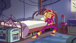 Size: 1280x720 | Tagged: safe, screencap, sunset shimmer, equestria girls, legend of everfree, feet, karate, kung fu shimmer, legend of everfeet, solo, sunset's sleepfighting