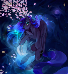 Size: 1280x1386 | Tagged: safe, artist:catzino, princess luna, alicorn, pony, chromatic aberration, female, looking at you, mare, moon, petals, redraw, reflection, solo, stars, water