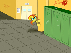 Size: 960x720 | Tagged: safe, artist:southernstar1234, derpibooru import, rainbow dash, sunset shimmer, pegasus, pony, unicorn, :c, cute, female, graffiti, hallway, lockers, mare, peeking, school, shimmerbetes, solo