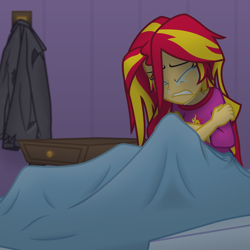 Size: 2500x2500 | Tagged: safe, artist:bootsyslickmane, sunset shimmer, equestria girls, aftermath, bed, blanket, clothes, crossed arms, crying, eyes closed, jacket, leather jacket, pajamas, solo, sunsad shimmer, table