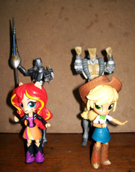 Size: 665x850 | Tagged: safe, applejack, sunset shimmer, equestria girls, action figure, boots, clothes, cowboy hat, denim skirt, doll, equestria girls minis, eqventures of the minis, hat, jacket, jojo's bizarre adventure, leather jacket, silver chariot, skirt, stand, stardust crusaders, stetson, the world, toy, za warudo